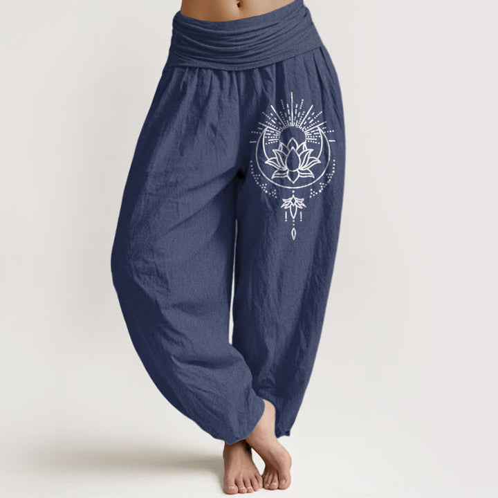 Buddha Stones Pantalones harem de algodón puro con estampado de loto y cintura elástica para mujer. - Azul pizarra oscuro - US16，UK/AU20，EU48 (3XL) - image 8