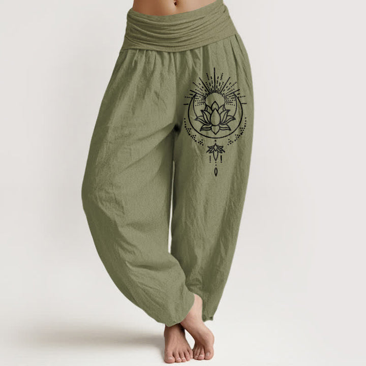 Buddha Stones Pantalones harem de algodón puro con estampado de loto y cintura elástica para mujer. - Verde oliva - US16，UK/AU20，EU48 (3XL) - image 14