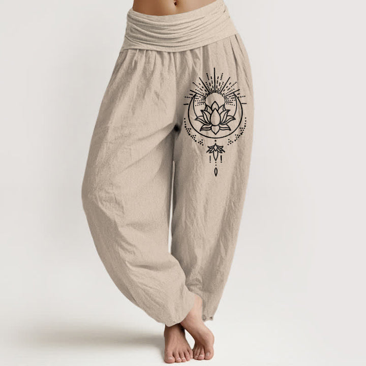 Buddha Stones Pantalones harem de algodón puro con estampado de loto y cintura elástica para mujer. - Broncearse - US16，UK/AU20，EU48 (3XL) - image 0