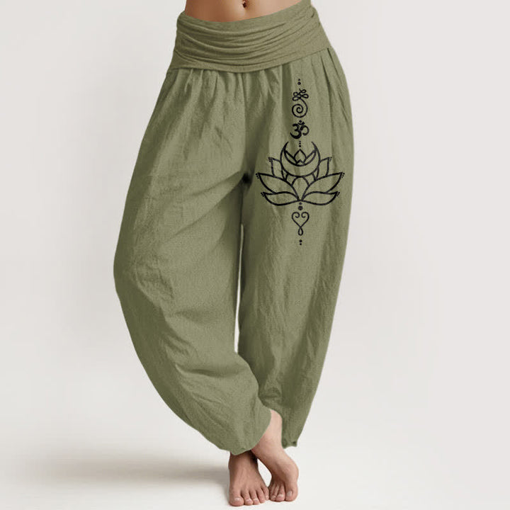 Buddha Stones Pantalones harem de mujer con cintura elástica y estampado de flor de loto, de algodón puro. - Verde oliva - US16，UK/AU20，EU48 (3XL) - image 14