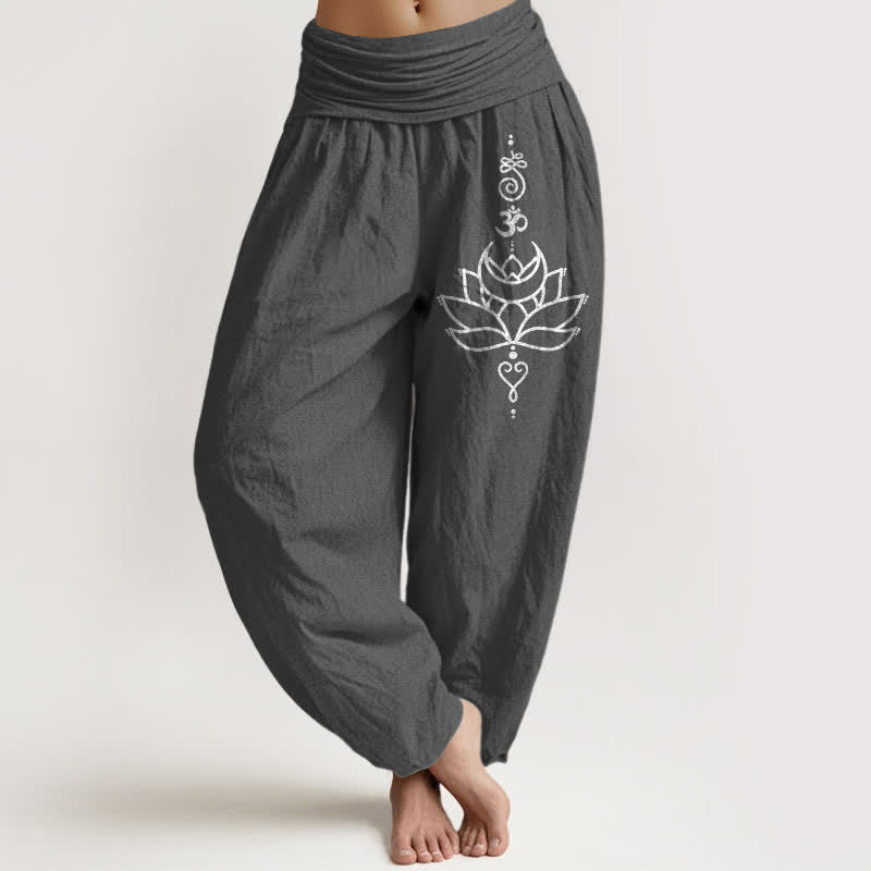 Buddha Stones Pantalones harem de mujer con cintura elástica y estampado de flor de loto, de algodón puro. - Gris oscuro - US16，UK/AU20，EU48 (3XL) - image 8