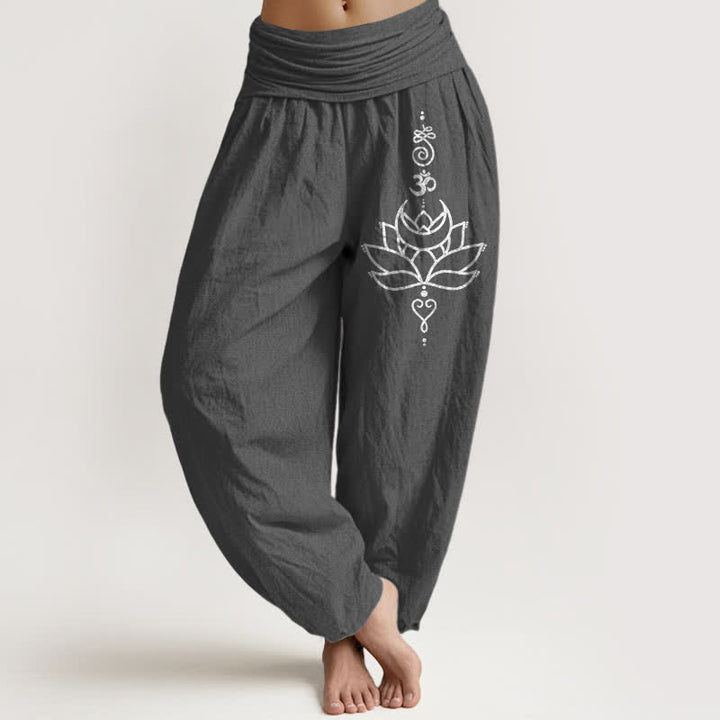 Buddha Stones Pantalones harem de mujer con cintura elástica y estampado de flor de loto, de algodón puro. - Gris oscuro - US16，UK/AU20，EU48 (3XL) - image 8