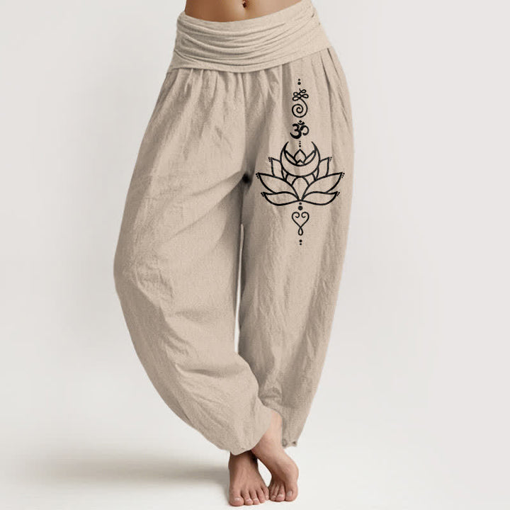 Buddha Stones Pantalones harem de mujer con cintura elástica y estampado de flor de loto, de algodón puro. - Broncearse - US16，UK/AU20，EU48 (3XL) - image 11