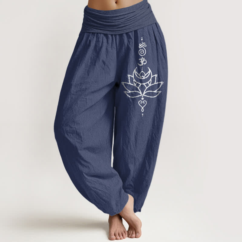Buddha Stones Pantalones harem de mujer con cintura elástica y estampado de flor de loto, de algodón puro. - Azul pizarra oscuro - US16，UK/AU20，EU48 (3XL) - image 0