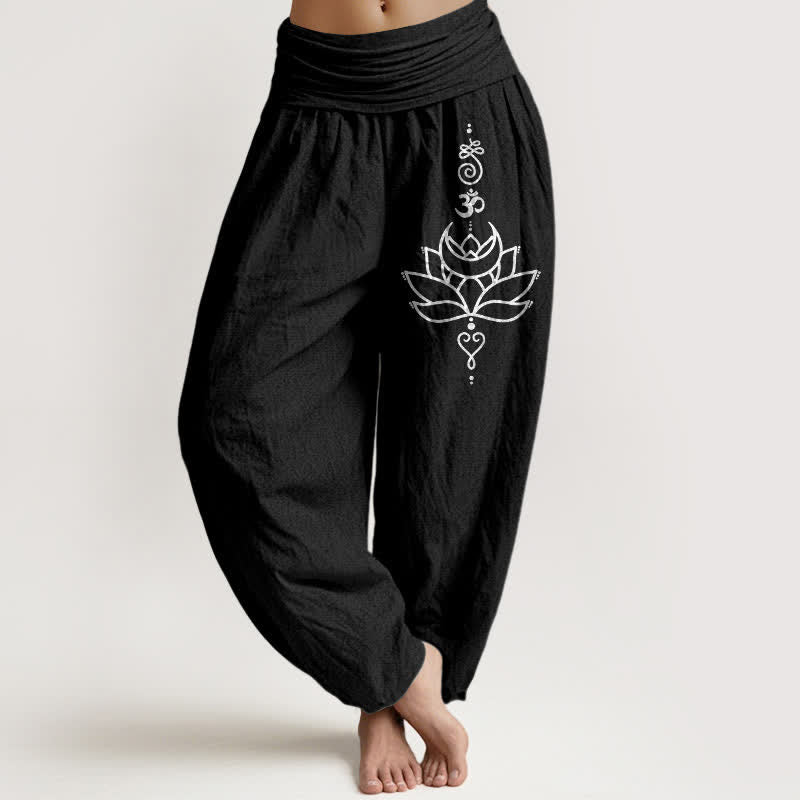 Buddha Stones Pantalones harem de mujer con cintura elástica y estampado de flor de loto, de algodón puro. - Negro - US16，UK/AU20，EU48 (3XL) - image 5