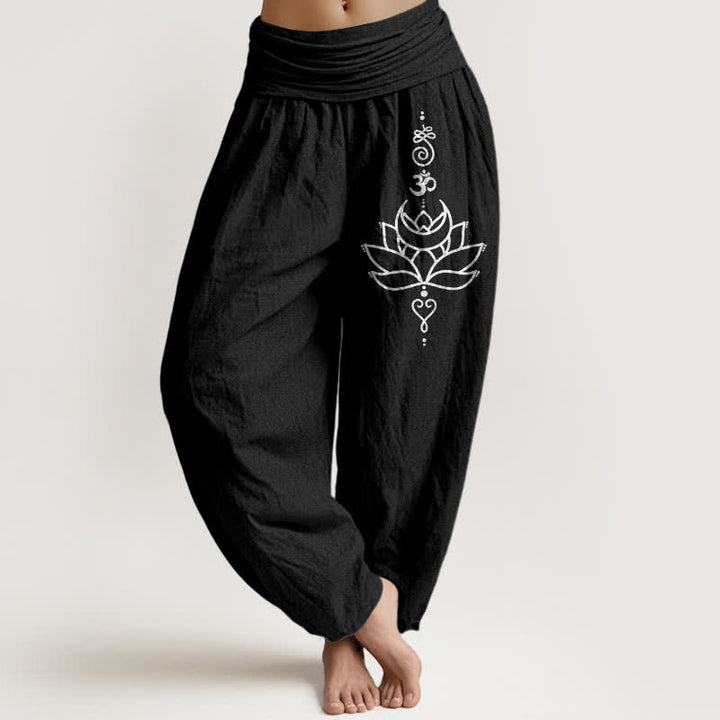 Buddha Stones Pantalones harem de mujer con cintura elástica y estampado de flor de loto, de algodón puro. - Negro - US16，UK/AU20，EU48 (3XL) - image 5