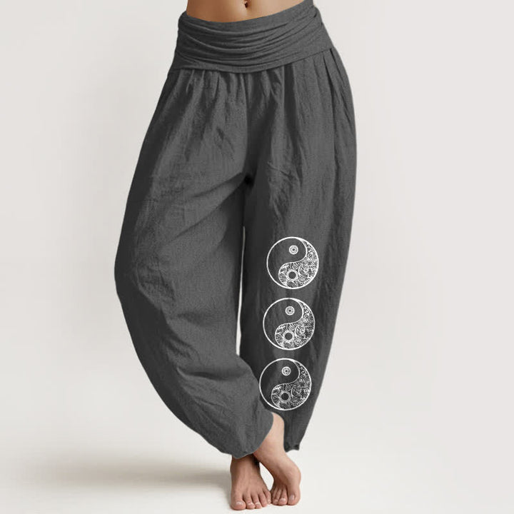 Buddha Stones Pantalones harem de algodón puro con estampado Yin Yang y cintura elástica para mujer. - Gris oscuro - US16，UK/AU20，EU48 (3XL) - image 8