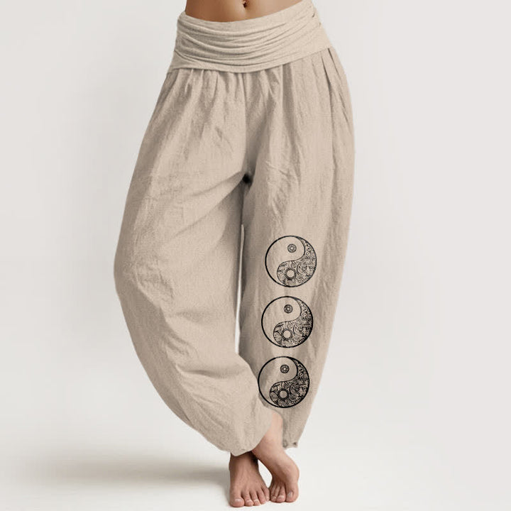 Buddha Stones Pantalones harem de algodón puro con estampado Yin Yang y cintura elástica para mujer. - Broncearse - US16，UK/AU20，EU48 (3XL) - image 11