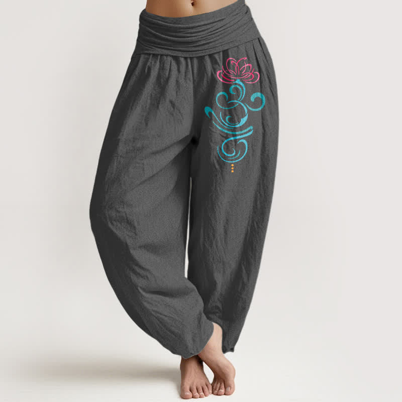 Buddha Stones Pantalones harem de algodón puro con estampado de remolinos azul loto en rosa intenso para mujer. - Gris oscuro - US16，UK/AU20，EU48 (3XL) - image 8