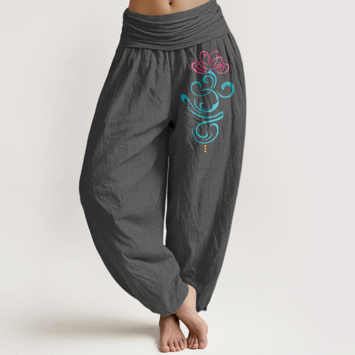 Buddha Stones Pantalones harem de algodón puro con estampado de remolinos azul loto en rosa intenso para mujer. - Gris oscuro - US16，UK/AU20，EU48 (3XL) - image 8