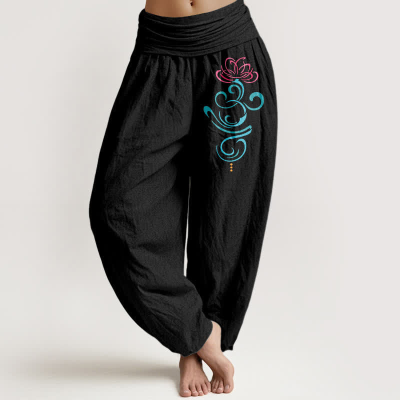 Buddha Stones Pantalones harem de algodón puro con estampado de remolinos azul loto en rosa intenso para mujer. - Negro - US16，UK/AU20，EU48 (3XL) - image 0