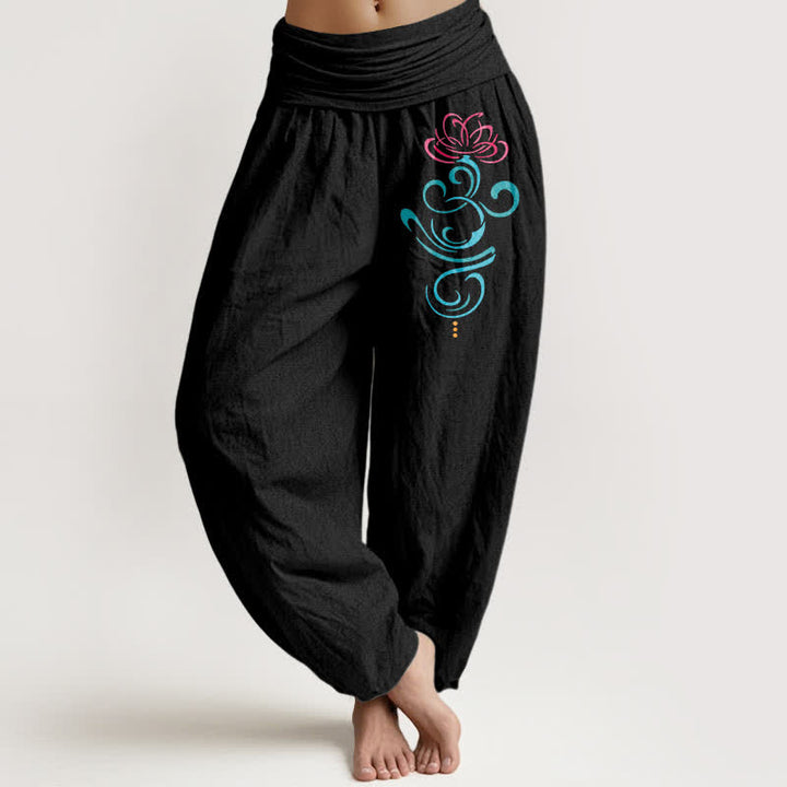 Buddha Stones Pantalones harem de algodón puro con estampado de remolinos azul loto en rosa intenso para mujer. - Negro - US16，UK/AU20，EU48 (3XL) - image 0