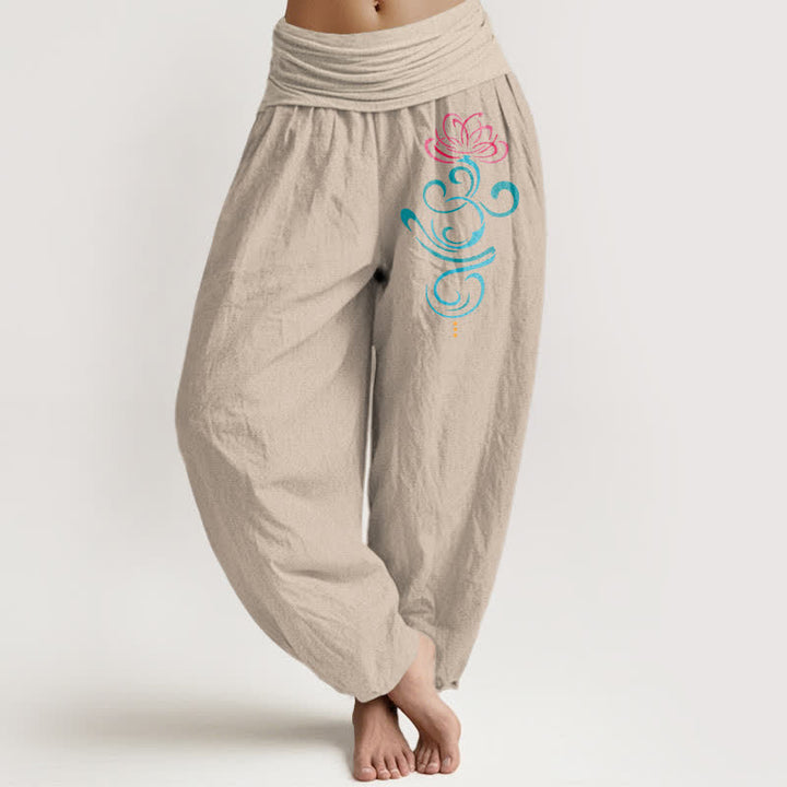 Buddha Stones Pantalones harem de algodón puro con estampado de remolinos azul loto en rosa intenso para mujer. - Broncearse - US16，UK/AU20，EU48 (3XL) - image 11