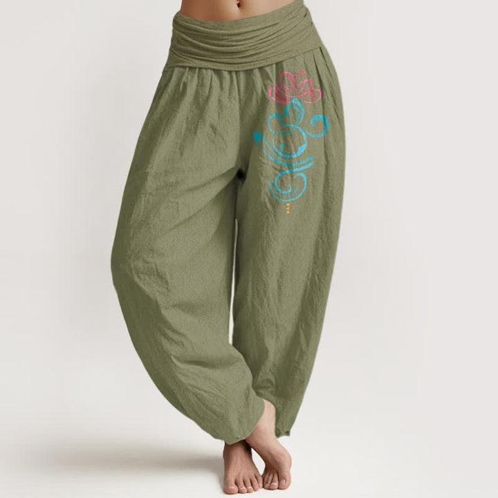 Buddha Stones Pantalones harem de algodón puro con estampado de remolinos azul loto en rosa intenso para mujer. - Verde oliva - US16，UK/AU20，EU48 (3XL) - image 14
