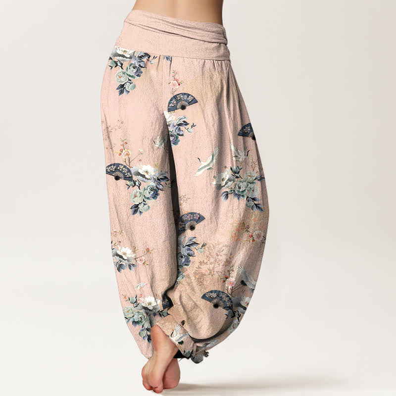 Buddha Stones Pantalones harem de mujer con cintura elástica y estampado floral de grullas de algodón. - image 1