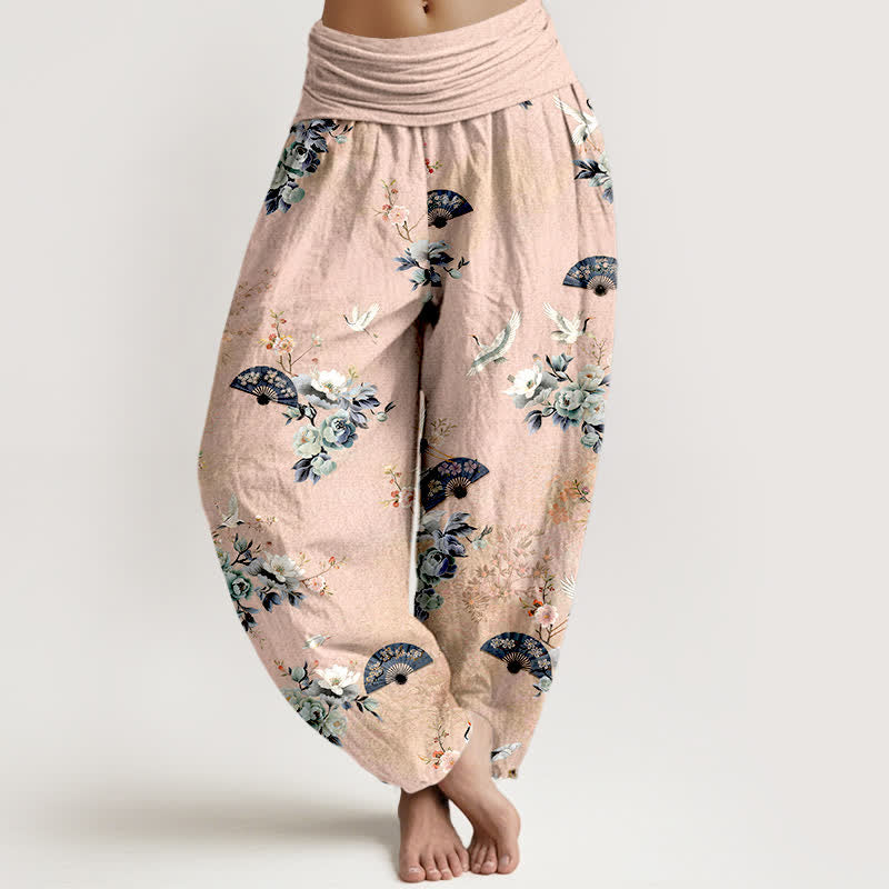 Buddha Stones Pantalones harem de mujer con cintura elástica y estampado floral de grullas de algodón. - Rosa Misty - US16，UK/AU20，EU48 (3XL) - image 0