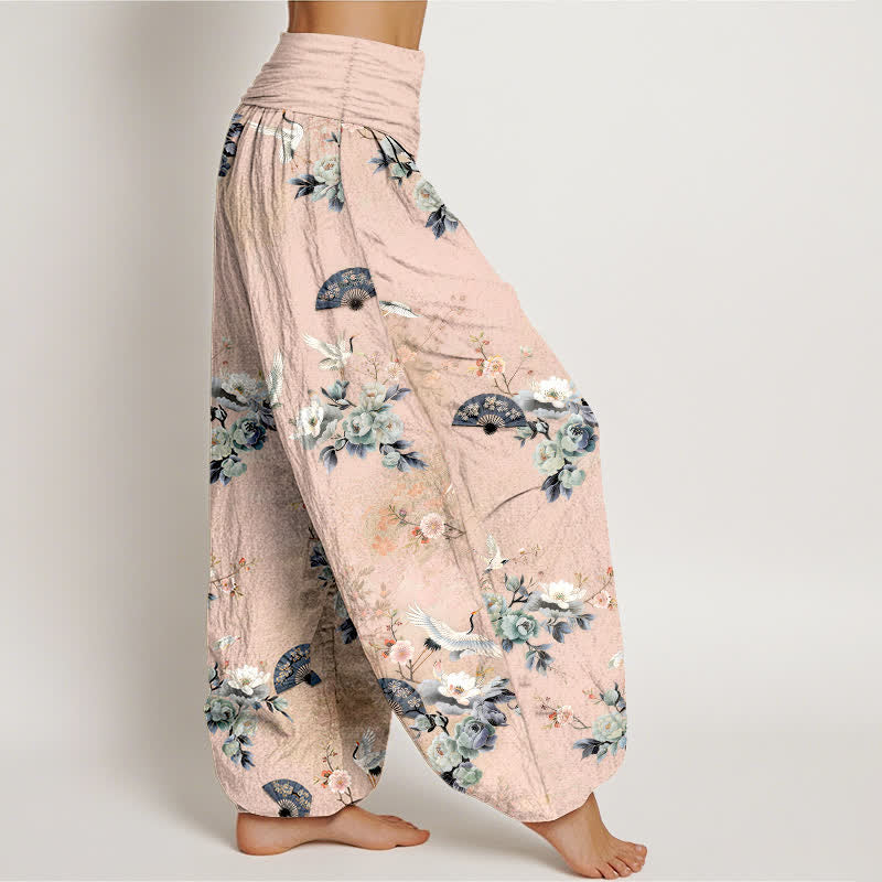 Buddha Stones Pantalones harem de mujer con cintura elástica y estampado floral de grullas de algodón. - image 2
