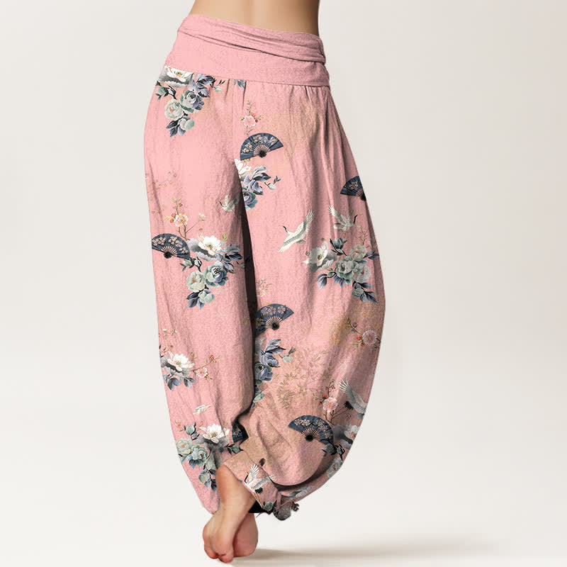 Buddha Stones Pantalones harem de mujer con cintura elástica y estampado floral de grullas de algodón. - image 6