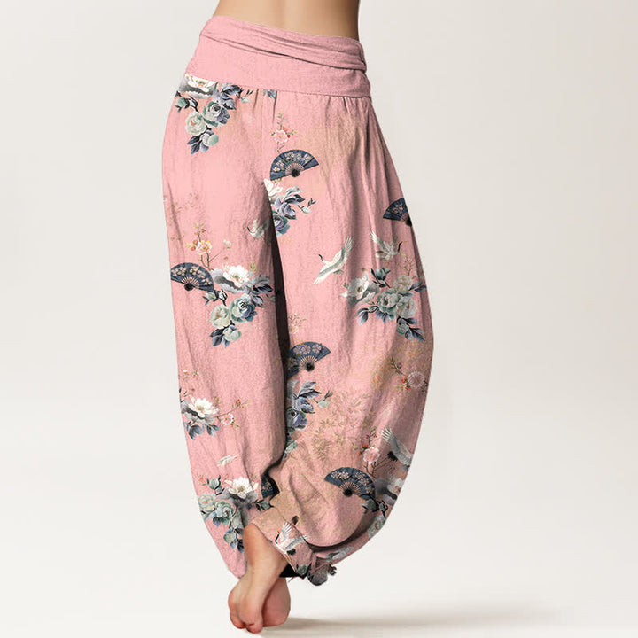 Buddha Stones Pantalones harem de mujer con cintura elástica y estampado floral de grullas de algodón. - image 6
