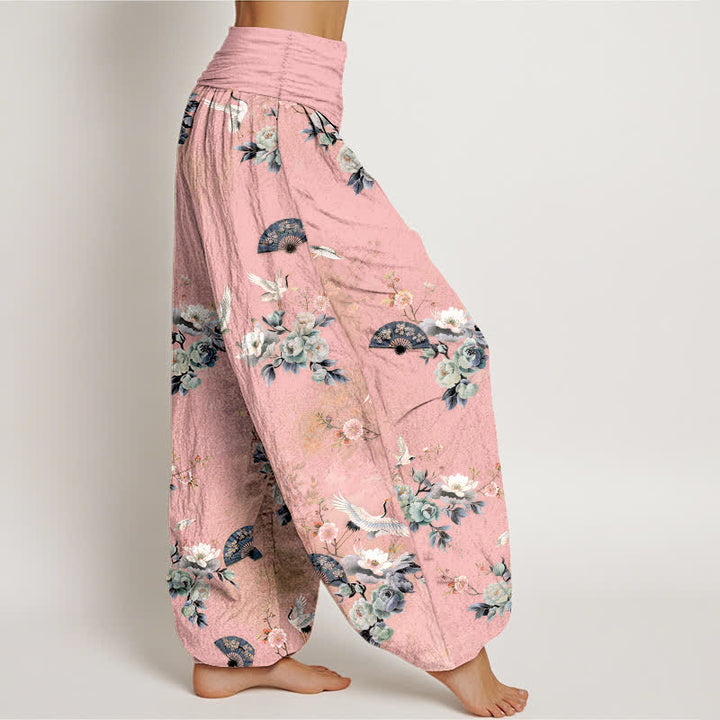 Buddha Stones Pantalones harem de mujer con cintura elástica y estampado floral de grullas de algodón. - image 7