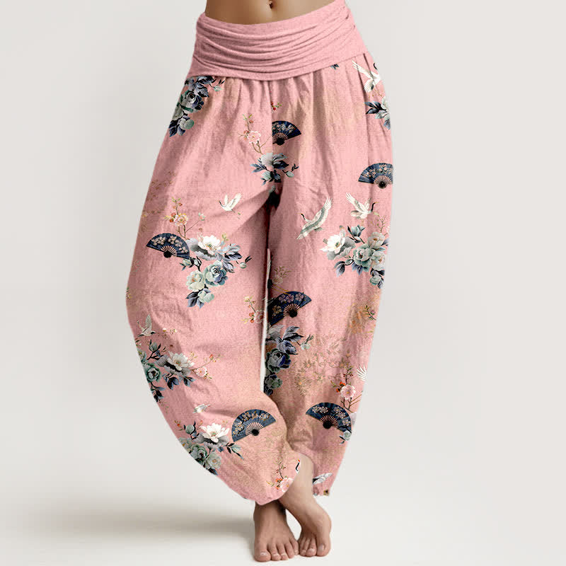 Buddha Stones Pantalones harem de mujer con cintura elástica y estampado floral de grullas de algodón. - Rosa - US16，UK/AU20，EU48 (3XL) - image 5