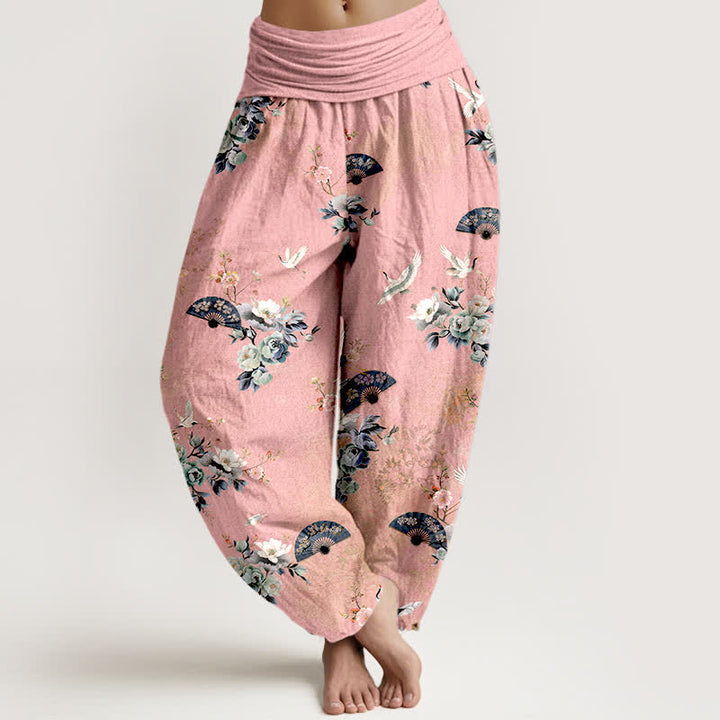 Buddha Stones Pantalones harem de mujer con cintura elástica y estampado floral de grullas de algodón. - Rosa - US16，UK/AU20，EU48 (3XL) - image 5