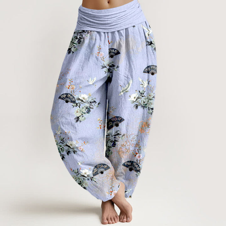 Buddha Stones Pantalones harem de mujer con cintura elástica y estampado floral de grullas de algodón. - Lavanda - US16，UK/AU20，EU48 (3XL) - image 8