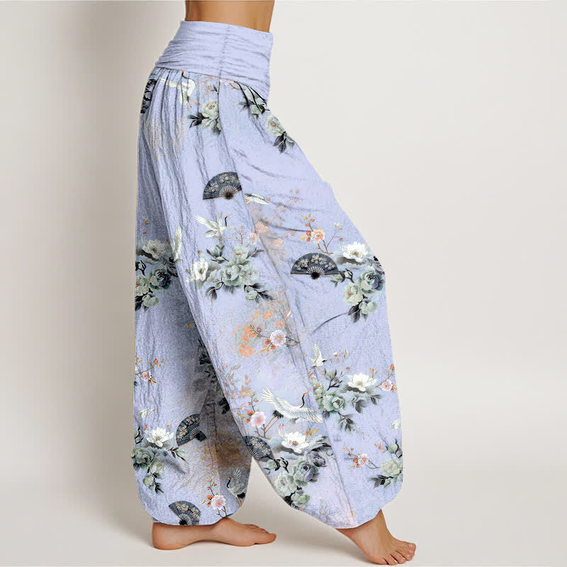 Buddha Stones Pantalones harem de mujer con cintura elástica y estampado floral de grullas de algodón. - image 10