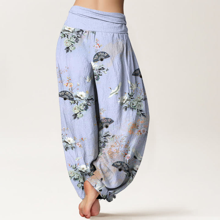 Buddha Stones Pantalones harem de mujer con cintura elástica y estampado floral de grullas de algodón. - image 9