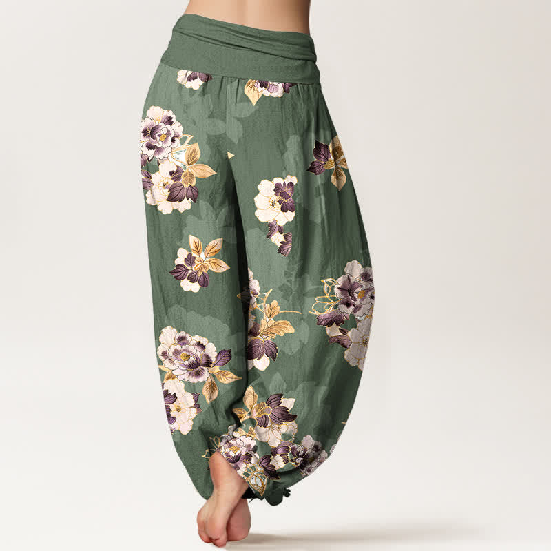 Buddha Stones Pantalones harem de algodón puro con estampado floral vintage y cintura elástica para mujer. - image 1