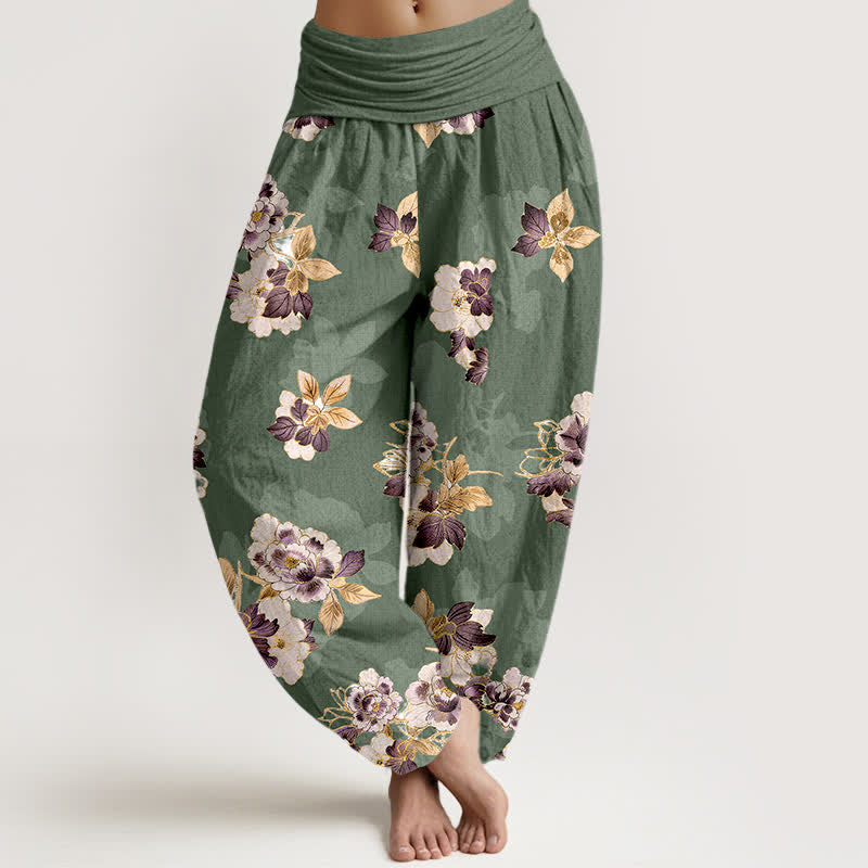 Buddha Stones Pantalones harem de algodón puro con estampado floral vintage y cintura elástica para mujer. - Verde oliva - US16，UK/AU20，EU48 (3XL) - image 0