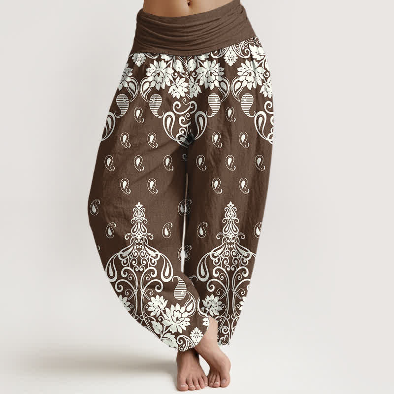 Buddha Stones Pantalones harem de mujer con cintura elástica, de algodón puro blanco con estampado floral paisley. - Marrón silla de montar - US16，UK/AU20，EU48 (3XL) - image 0