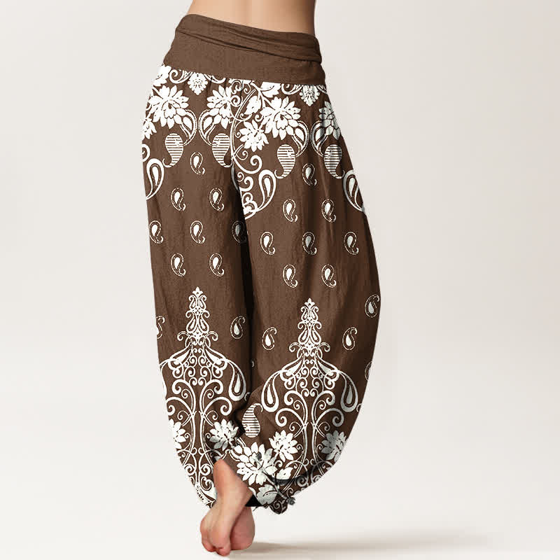Buddha Stones Pantalones harem de mujer con cintura elástica, de algodón puro blanco con estampado floral paisley. - image 1