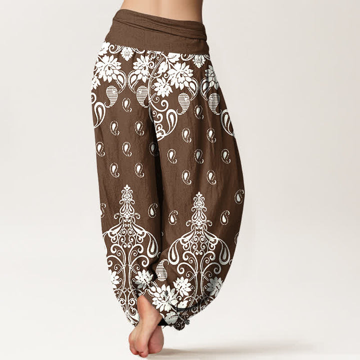 Buddha Stones Pantalones harem de mujer con cintura elástica, de algodón puro blanco con estampado floral paisley. - image 1