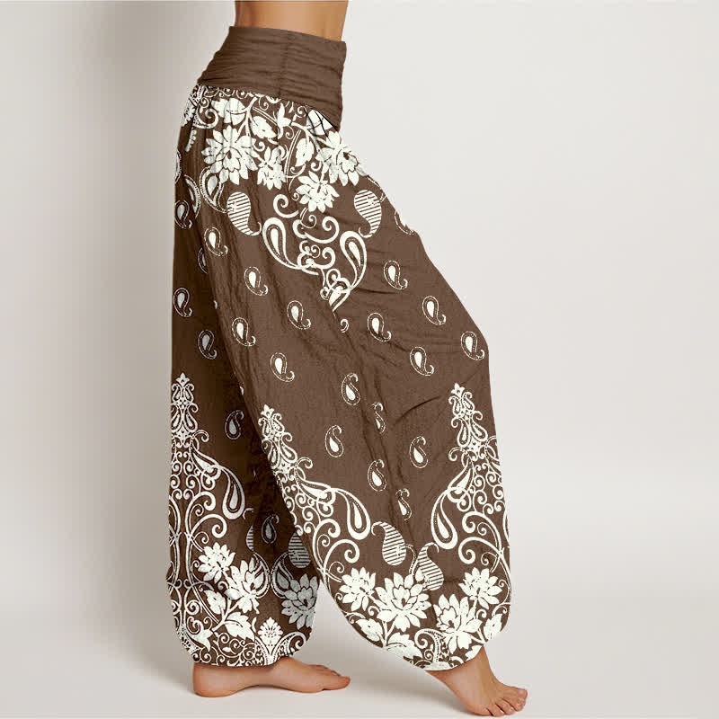 Buddha Stones Pantalones harem de mujer con cintura elástica, de algodón puro blanco con estampado floral paisley. - image 2