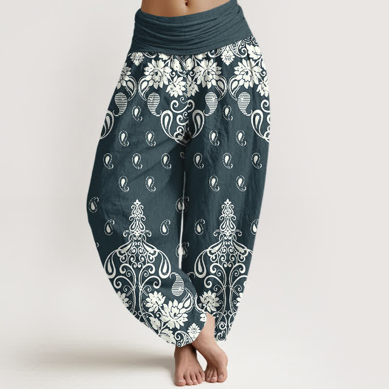 Buddha Stones Pantalones harem de mujer con cintura elástica, de algodón puro blanco con estampado floral paisley. - cian oscuro - US16，UK/AU20，EU48 (3XL) - image 5