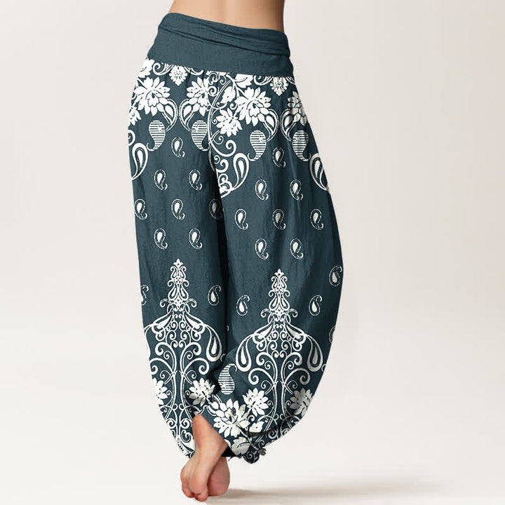 Buddha Stones Pantalones harem de mujer con cintura elástica, de algodón puro blanco con estampado floral paisley. - image 6