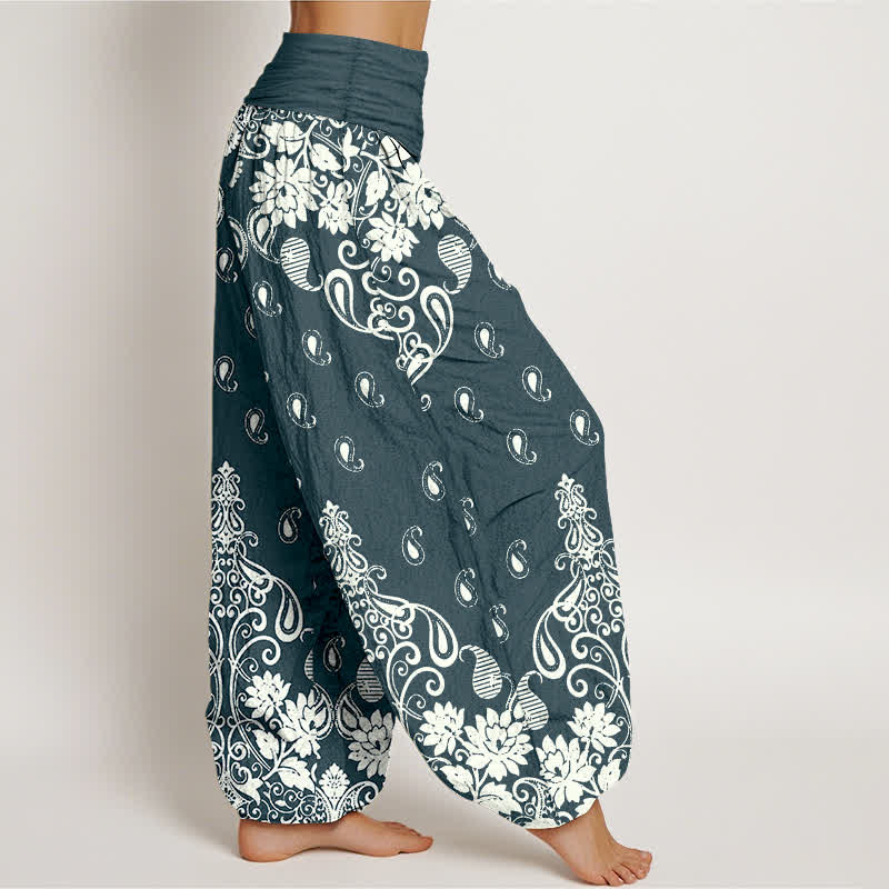 Buddha Stones Pantalones harem de mujer con cintura elástica, de algodón puro blanco con estampado floral paisley. - image 7