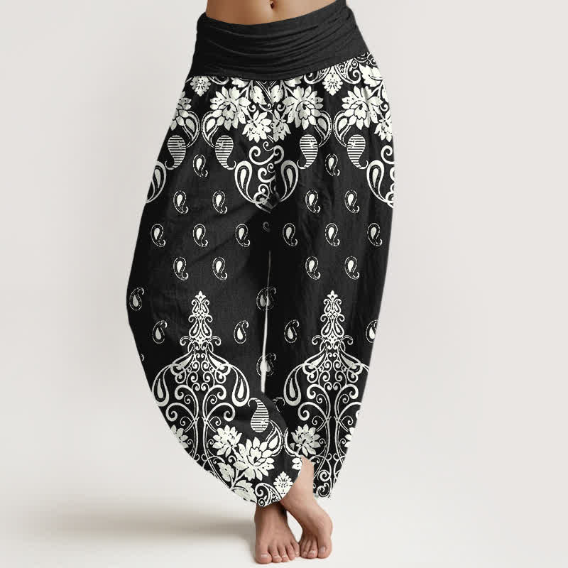 Buddha Stones Pantalones harem de mujer con cintura elástica, de algodón puro blanco con estampado floral paisley. - Negro - US16，UK/AU20，EU48 (3XL) - image 8