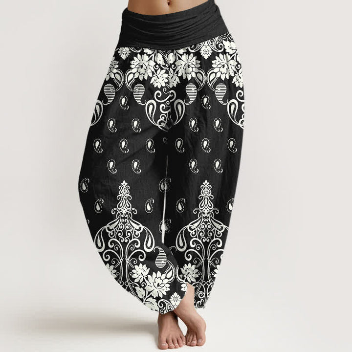 Buddha Stones Pantalones harem de mujer con cintura elástica, de algodón puro blanco con estampado floral paisley. - Negro - US16，UK/AU20，EU48 (3XL) - image 8