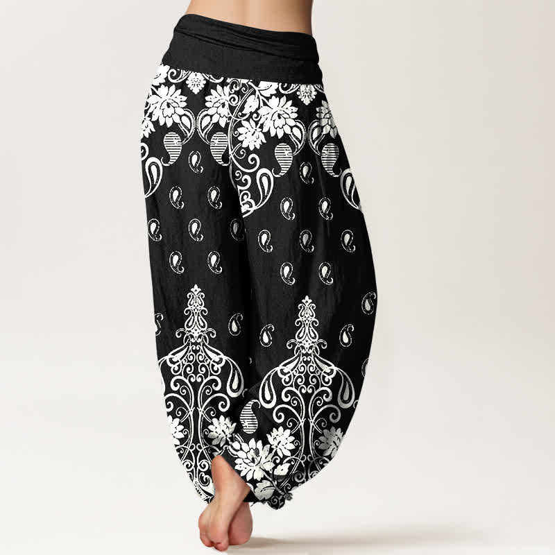 Buddha Stones Pantalones harem de mujer con cintura elástica, de algodón puro blanco con estampado floral paisley. - image 9