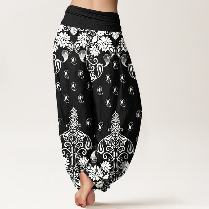Buddha Stones Pantalones harem de mujer con cintura elástica, de algodón puro blanco con estampado floral paisley. - image 9