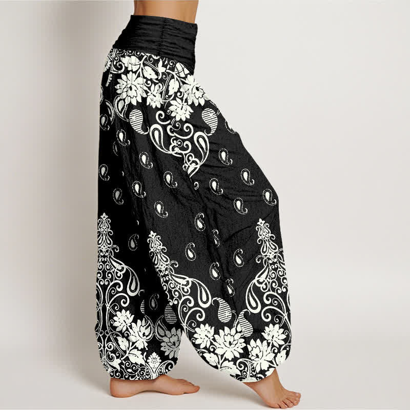 Buddha Stones Pantalones harem de mujer con cintura elástica, de algodón puro blanco con estampado floral paisley. - image 10