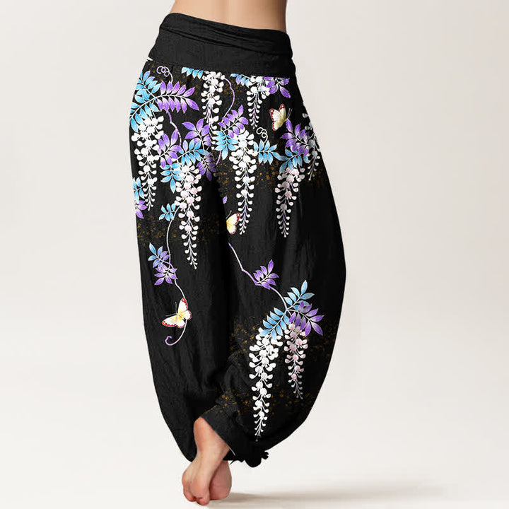 Buddha Stones Pantalones harem de mujer con cintura elástica y estampado de mariposas y glicinias, de algodón puro. - image 1
