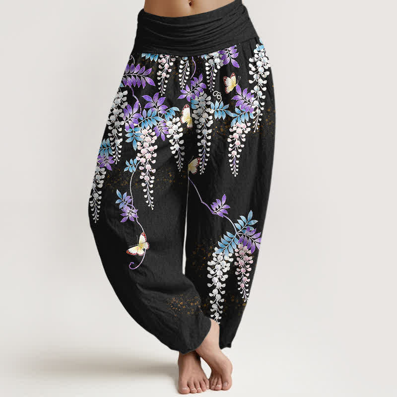 Buddha Stones Pantalones harem de mujer con cintura elástica y estampado de mariposas y glicinias, de algodón puro. - Negro - US16，UK/AU20，EU48 (3XL) - image 0