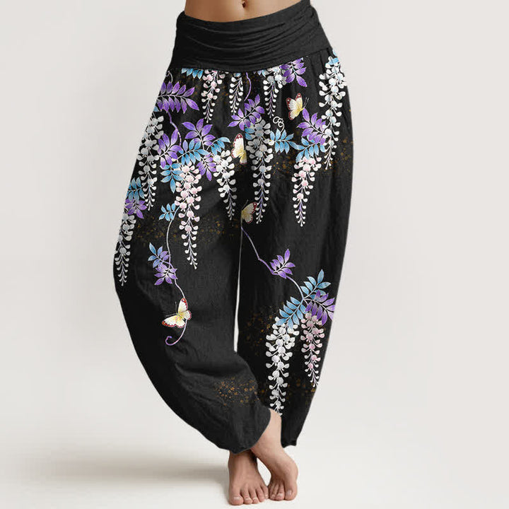 Buddha Stones Pantalones harem de mujer con cintura elástica y estampado de mariposas y glicinias, de algodón puro. - Negro - US16，UK/AU20，EU48 (3XL) - image 0
