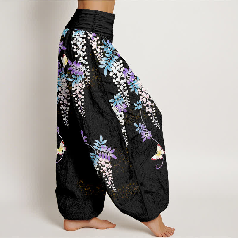 Buddha Stones Pantalones harem de mujer con cintura elástica y estampado de mariposas y glicinias, de algodón puro. - image 2