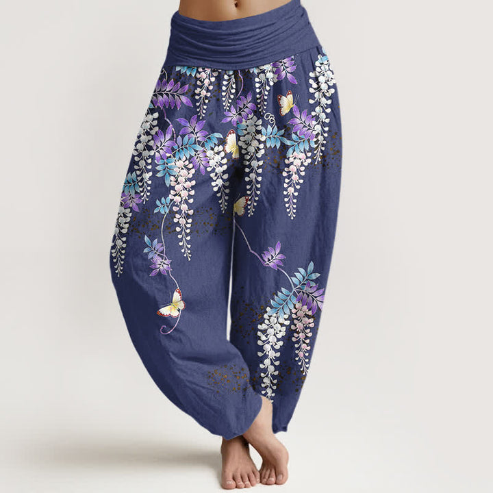 Buddha Stones Pantalones harem de mujer con cintura elástica y estampado de mariposas y glicinias, de algodón puro. - Azul pizarra - US16，UK/AU20，EU48 (3XL) - image 5