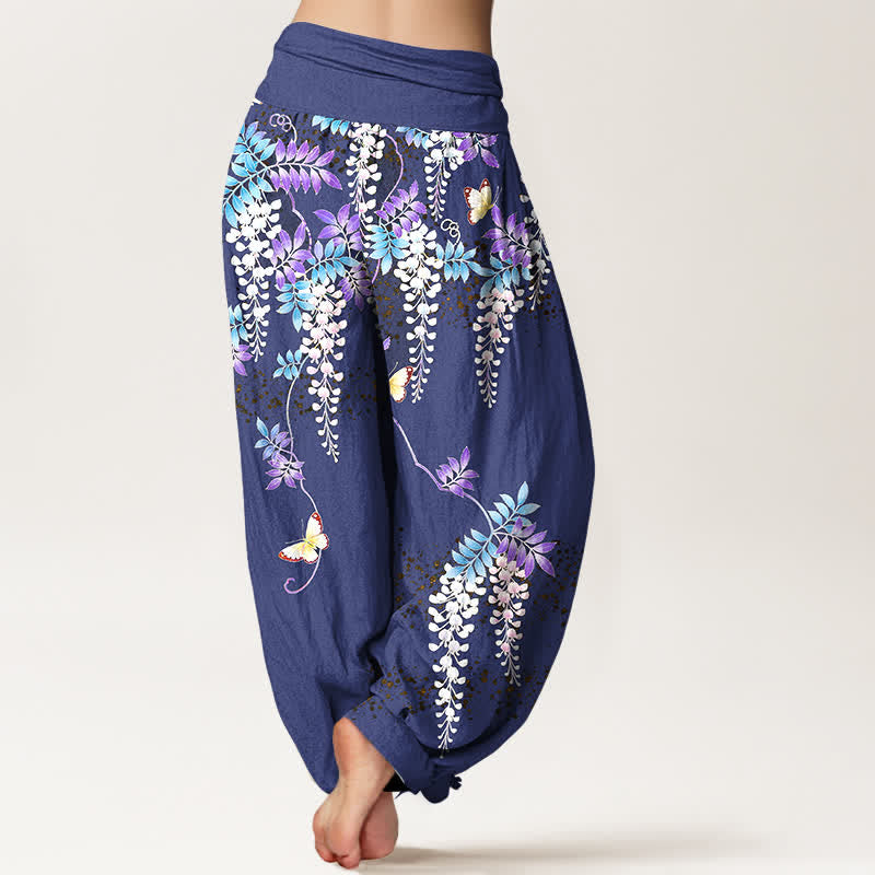 Buddha Stones Pantalones harem de mujer con cintura elástica y estampado de mariposas y glicinias, de algodón puro. - image 6