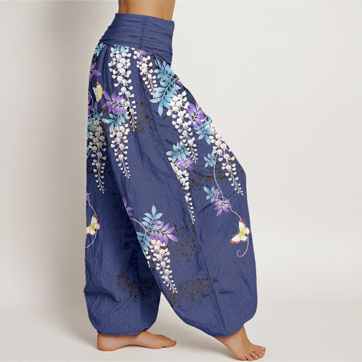 Buddha Stones Pantalones harem de mujer con cintura elástica y estampado de mariposas y glicinias, de algodón puro. - image 7